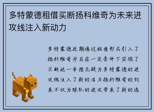 多特蒙德租借买断扬科维奇为未来进攻线注入新动力
